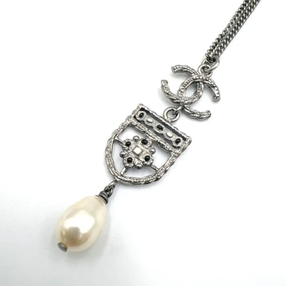 CHANEL Faux Pearl Necklace Silver Metal